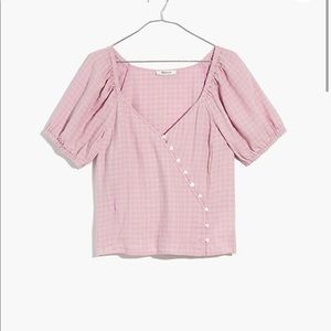 Madewell linen blend puff sleeve button wrap top in plaid.